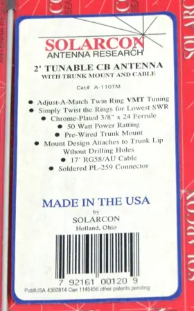 A-110tm Solarcon Cb Antenna 2ft Tunable 50w With Trunk Mount And 17ft Rg58 Cable Ferrule Kit #3